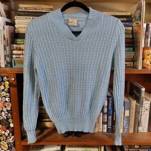 Vintage 70s K-mart Baby Blue Silver Metallic Shimmer V-Neck‎ Sweater Small